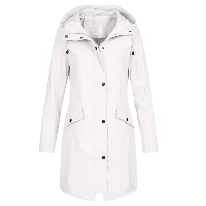 Women's white waterproof hooded raincoat display