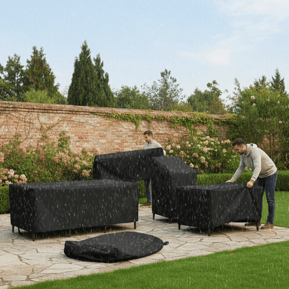 People placing black waterproof covers over outdoor patio furniture set on a stone patio in the rain