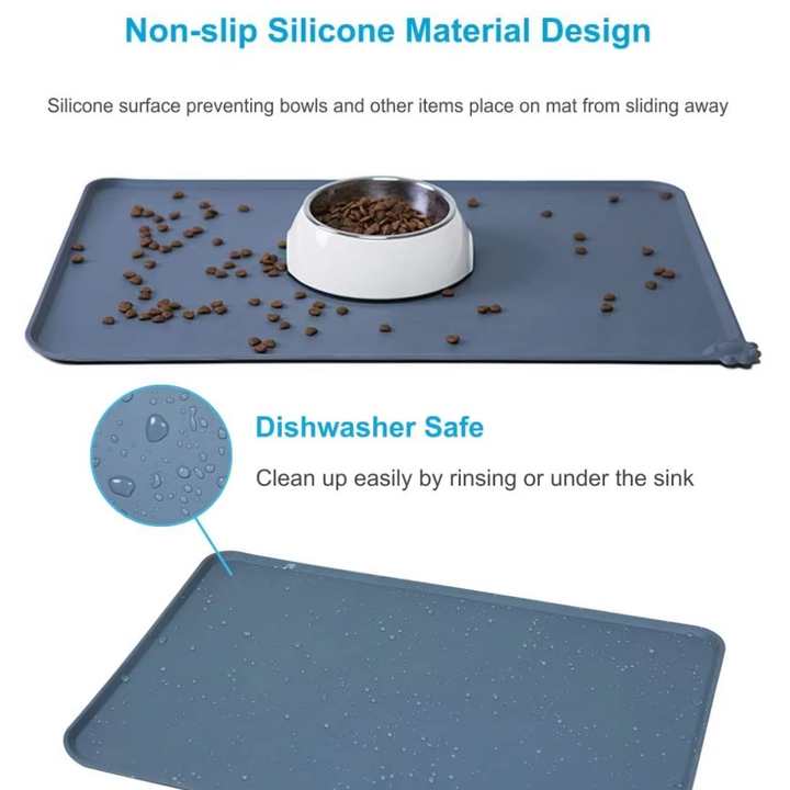 Waterproof pet mat protecting hardwood flooring from messy eaters