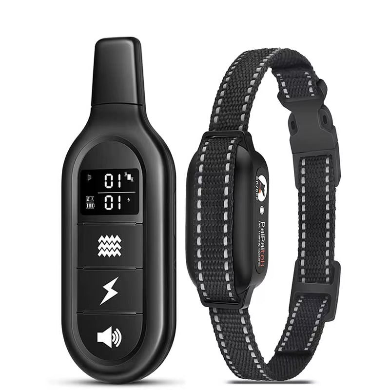 Waterproof and rechargeable 1000m dog training e-collar with remote and single collar in black