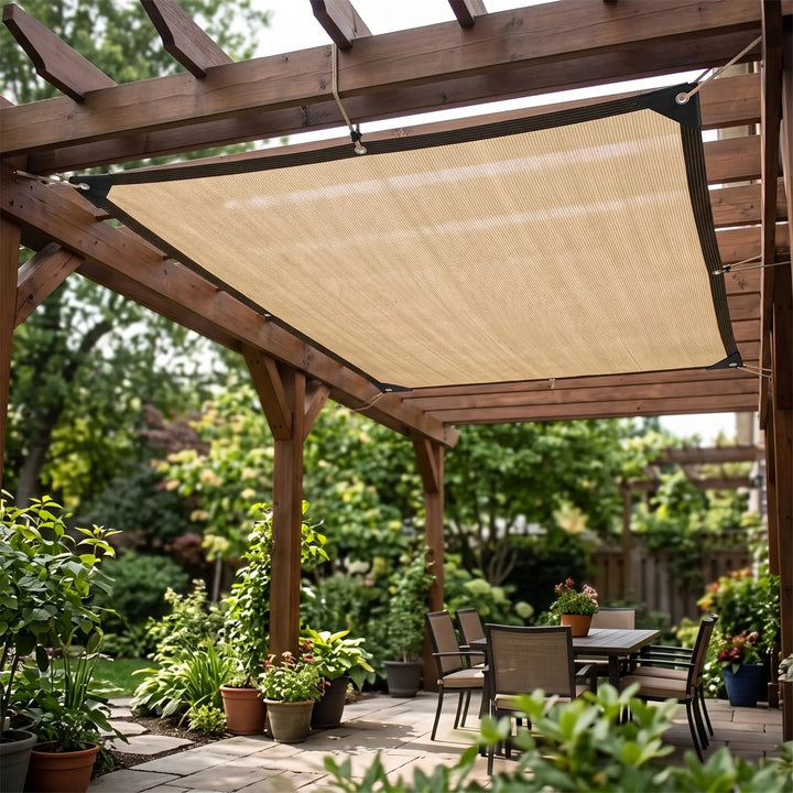 Beige rectangular shade sail providing patio coverage above outdoor seating and plants