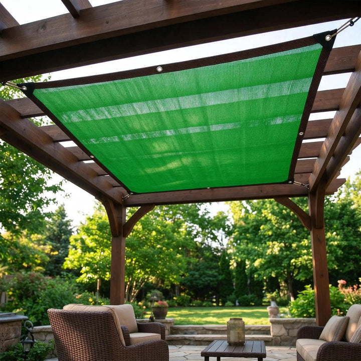 Green waterproof shade sail mounted on a wooden backyard pergola structure