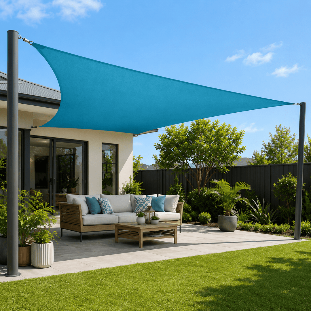 Teal outdoor shade sail installed above a modern patio lounge area
