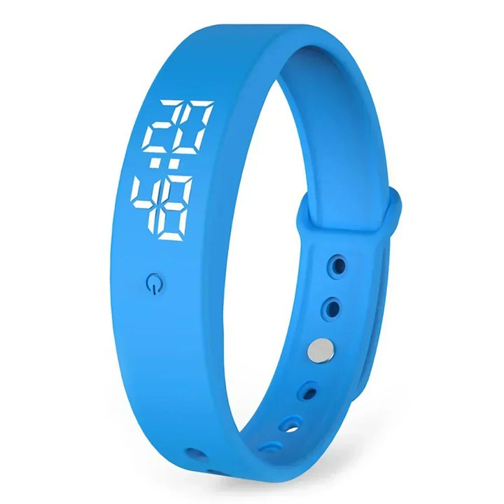 Blue waterproof smartwatch with digital LED display showing time
