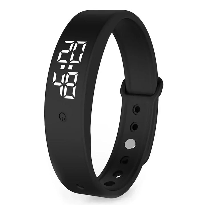Black wearable tech sports watch featuring vibration alarm and waterproof design