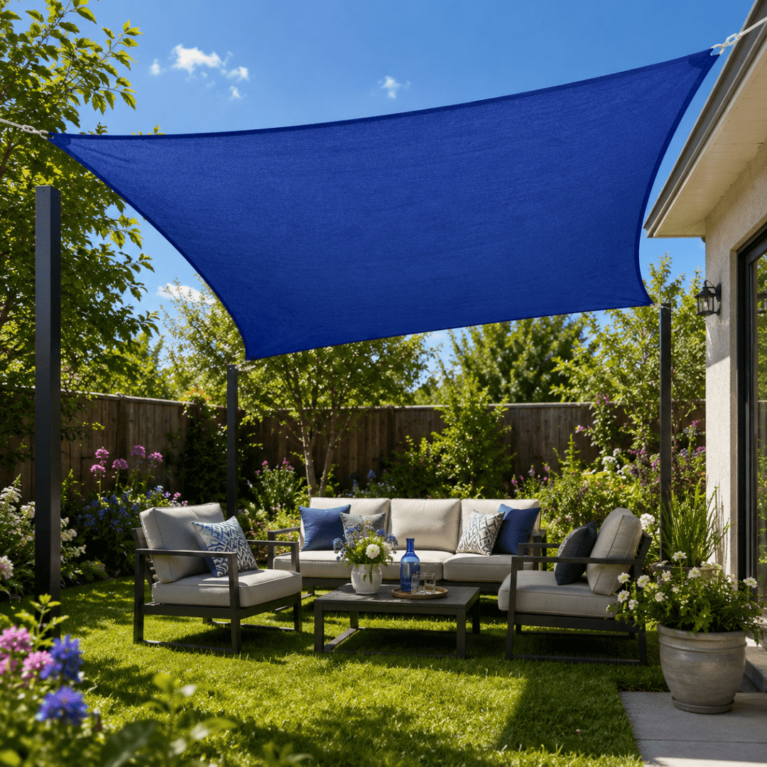 Garden shade sail with UV protection mounted above a wooden pergola