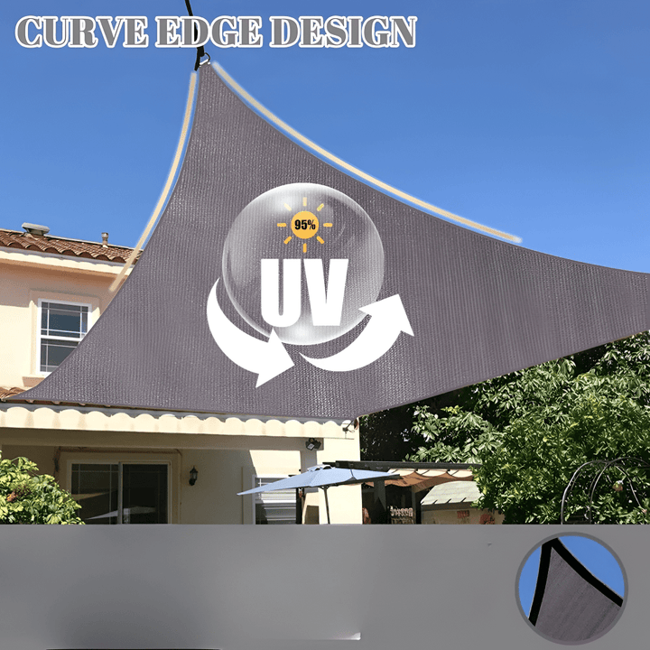 Outdoor sun shade fabric showing reinforced corner D-ring for secure setup