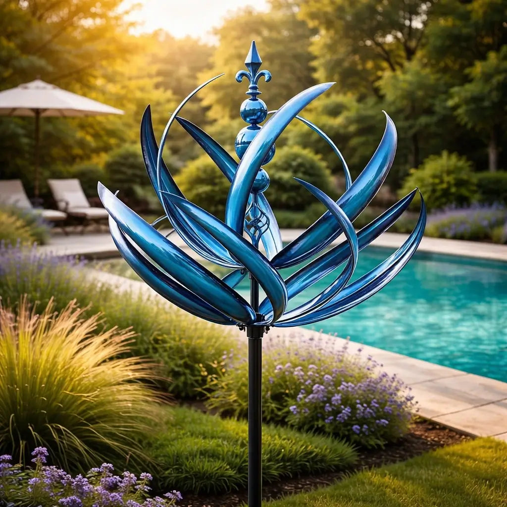 Blue metal lotus wind spinner installed in a garden near a swimming pool
