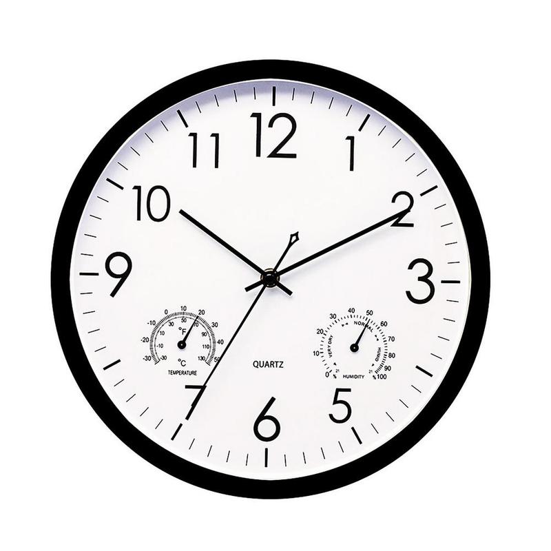 Black framed weatherproof outdoor garden clock with temperature and humidity dials