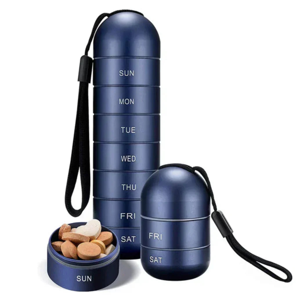 Blue weekly pill organizer travel container with compartments