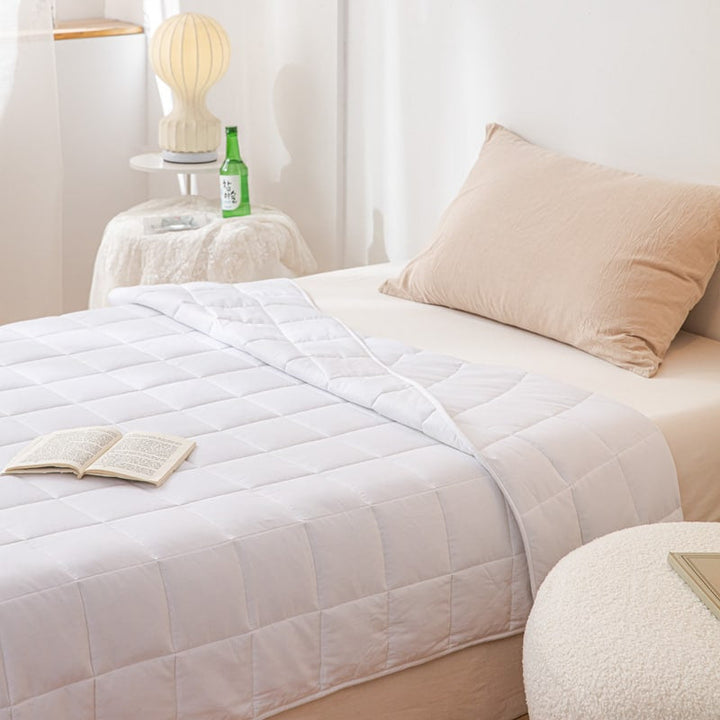 Close up view of durable stitching and premium material on a heavy calming blanket