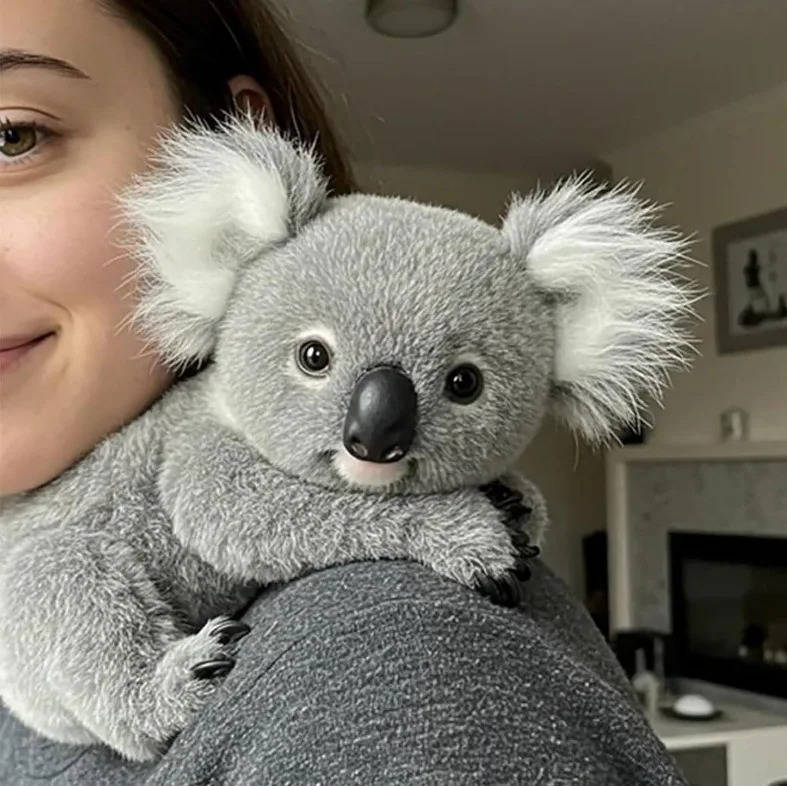 Close-up of a realistic weighted koala plush resting on a shoulder