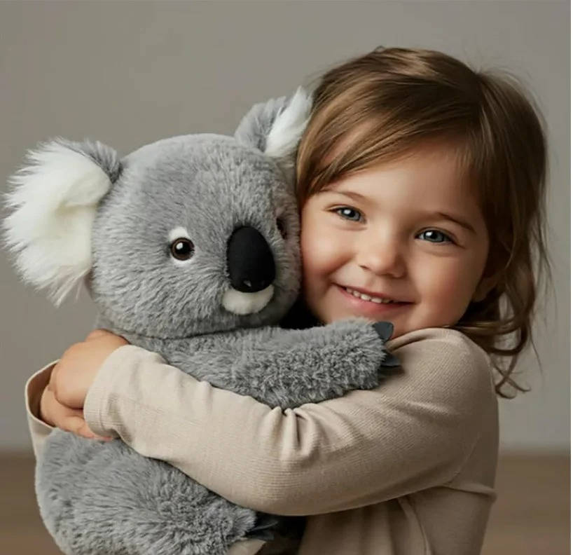 A smiling child hugging a soft weighted koala plush toy tightly