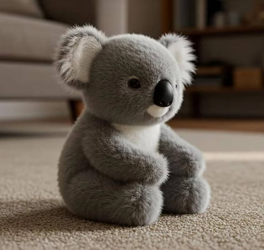 Soft grey weighted koala plush toy for anxiety and stress relief sitting on a bed