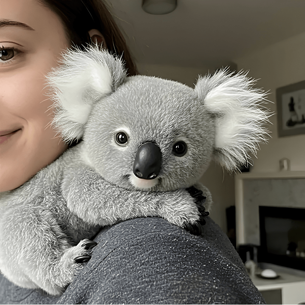 Close-up of the realistic koala plush toy resting comfortably on a shoulder