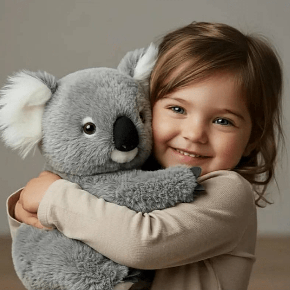 Young child happily hugging the soft weighted koala plush toy