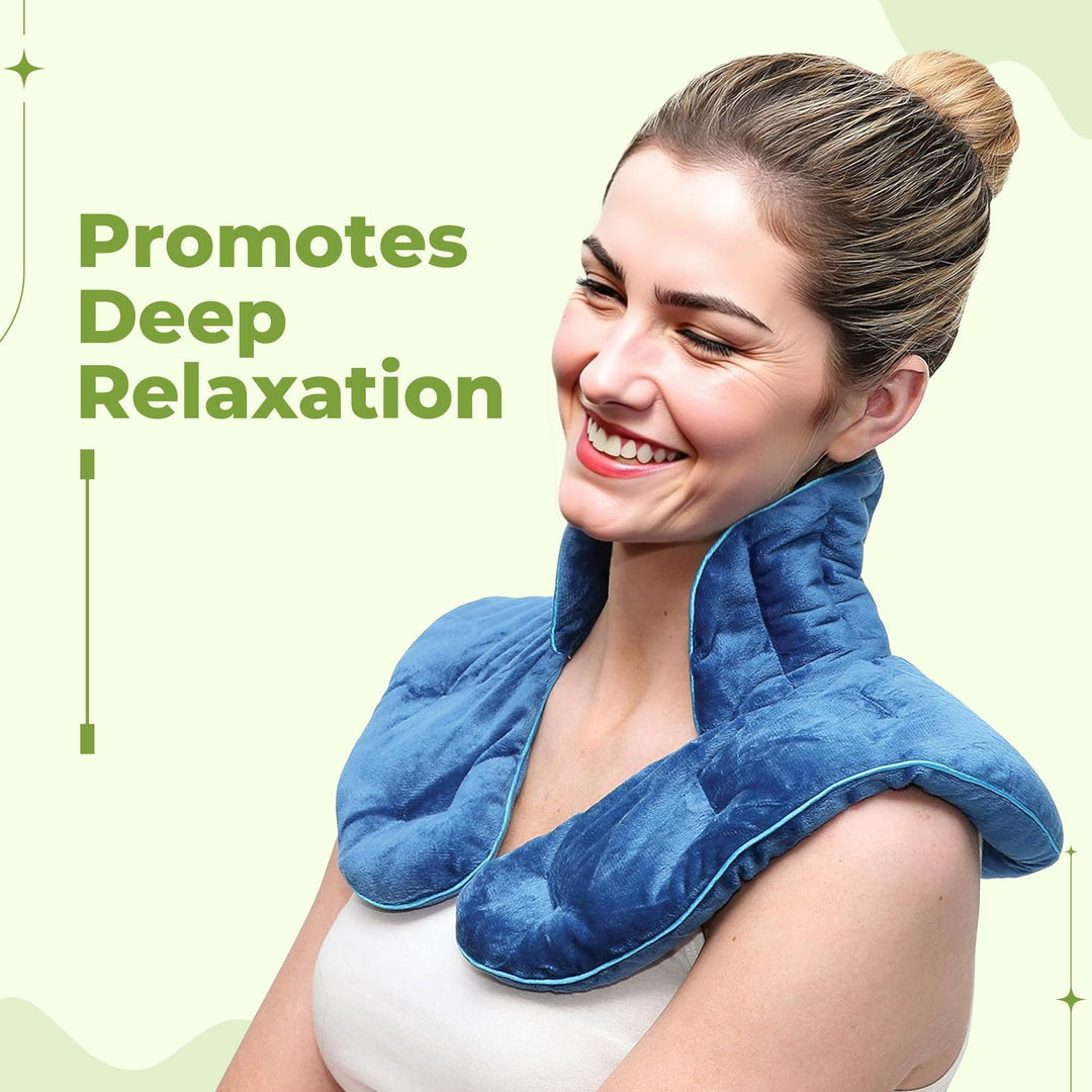 Weighted neck and shoulder wrap draped over a chair for stress relief and relaxation