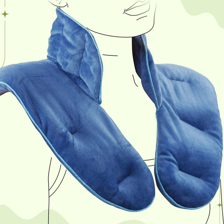 Person experiencing deep relaxation while wearing the weighted neck and shoulder wrap