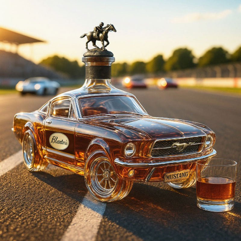 Classic Mustang car shaped whiskey decanter filled with bourbon on a racetrack backdrop