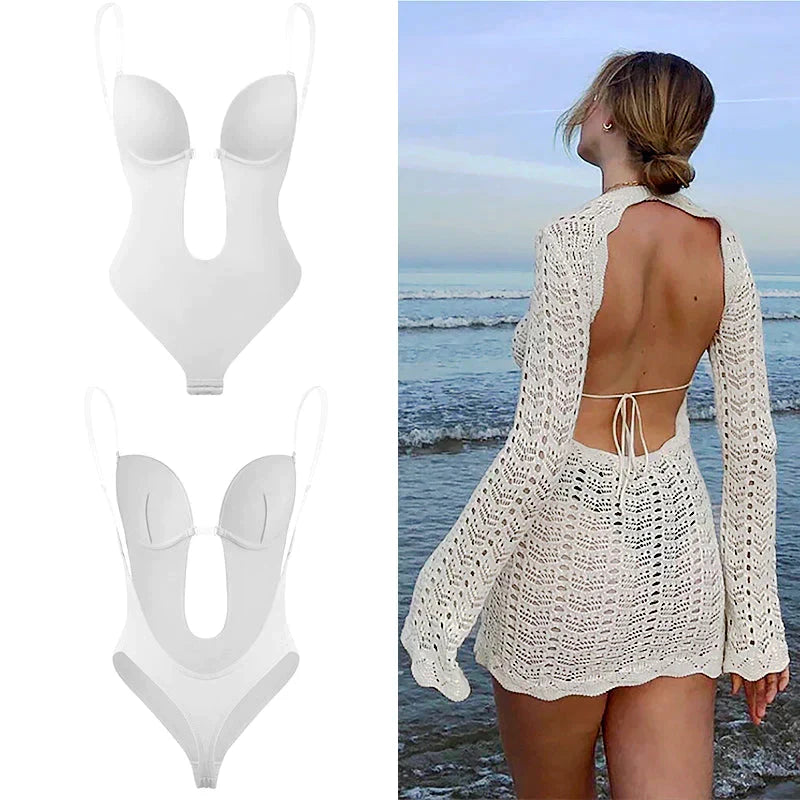 Low back design detail on women shaping bodysuit for backless dresses