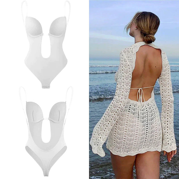 Low back design detail on women shaping bodysuit for backless dresses