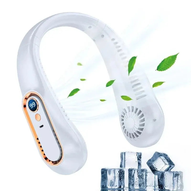White portable bladeless neck fan with digital display and ice cubes