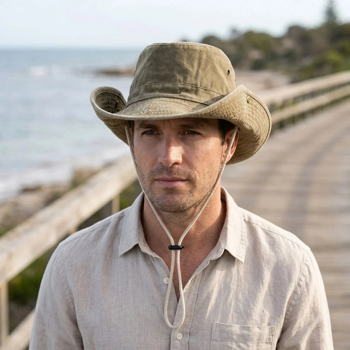 Man wearing a khaki wide brim outdoor hat on a coastal wooden boardwalk