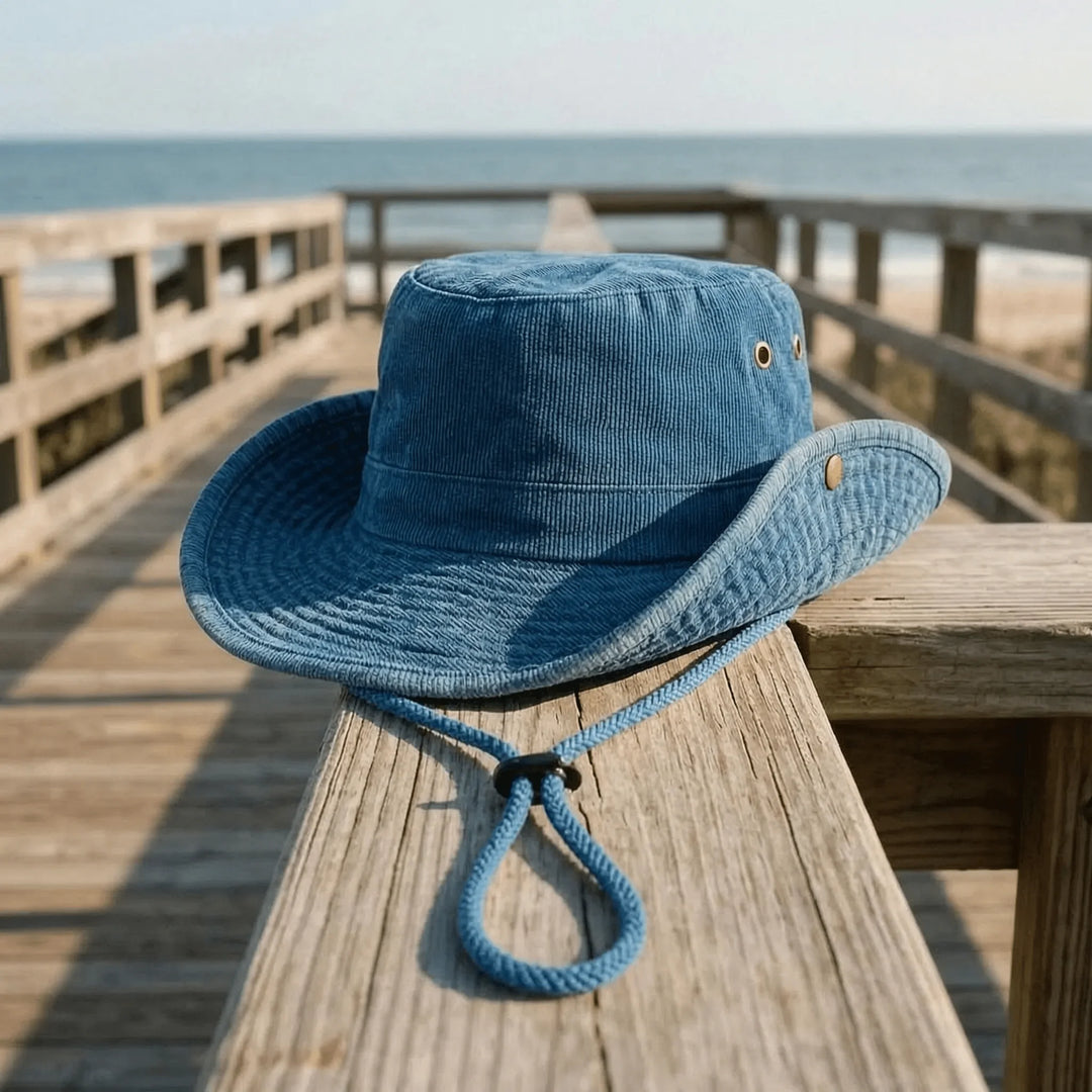 Blue wide brim outdoor hat resting on a wooden boardwalk by the sea