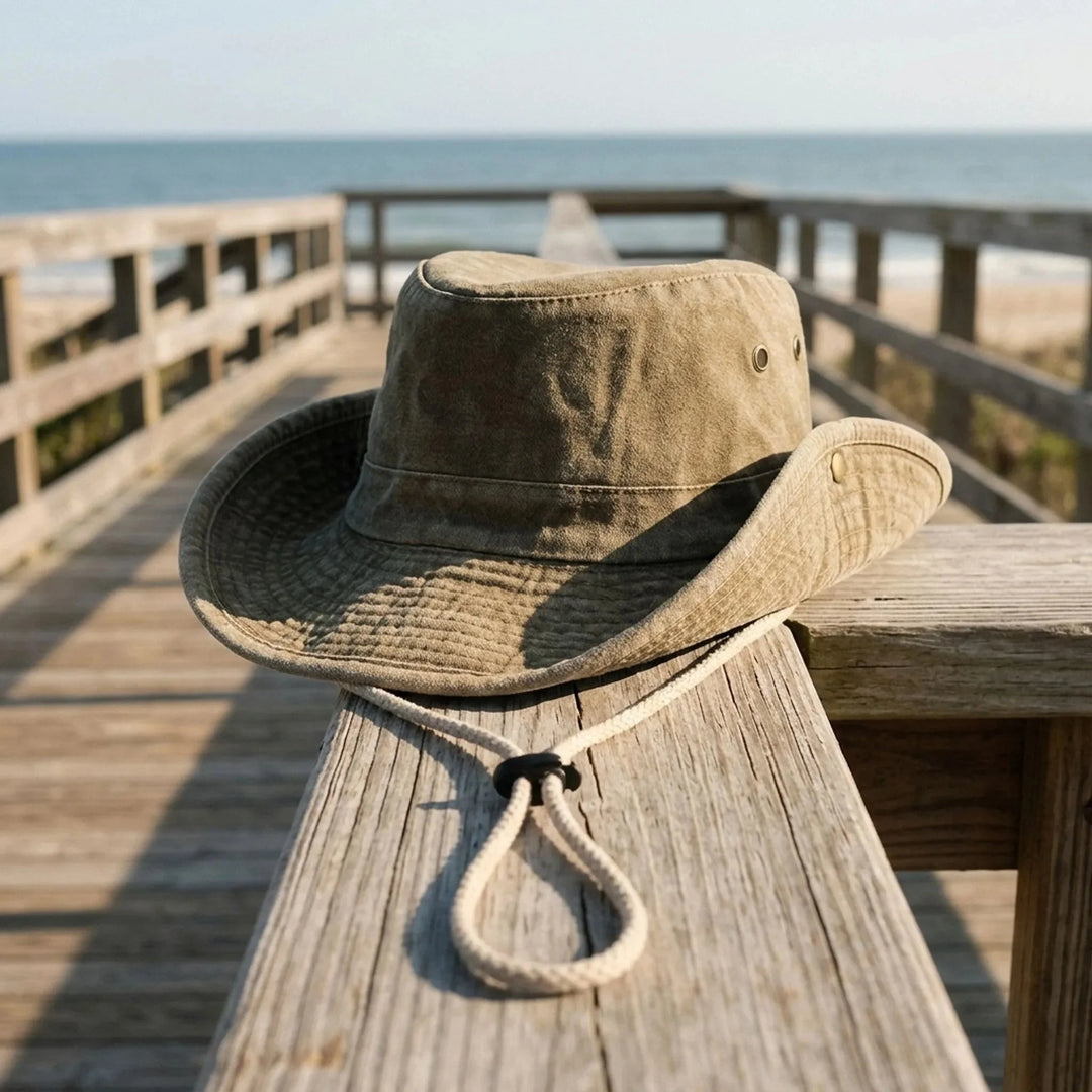 Khaki wide brim outdoor hat resting on a weathered wooden railing near the ocean
