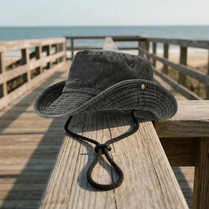 Men's outdoor hiking gear wide brim sun hat back view