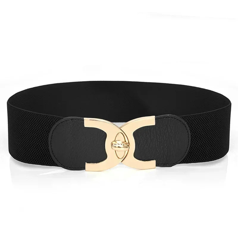 Close-up of the black wide Parisian chic elastic belt featuring a decorative metal buckle