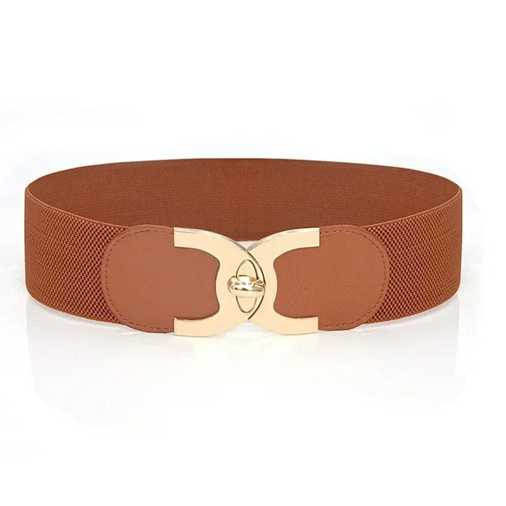 Women's wide Parisian chic elastic belt in classic black, front view showcasing the stylish statement buckle.