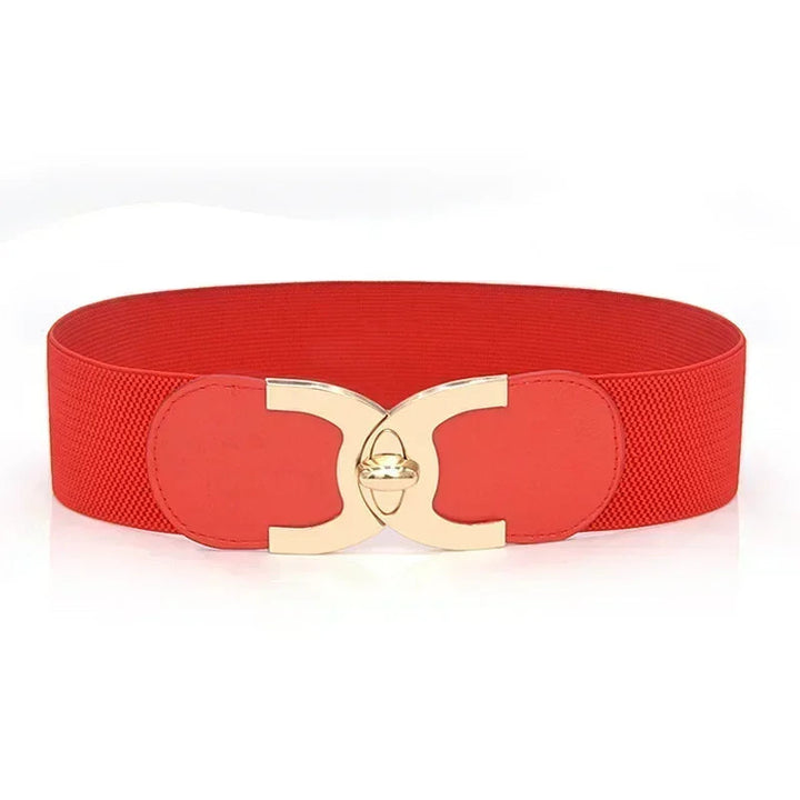 Close-up of the textured elastic band and metallic closure on the French-style wide women's belt.