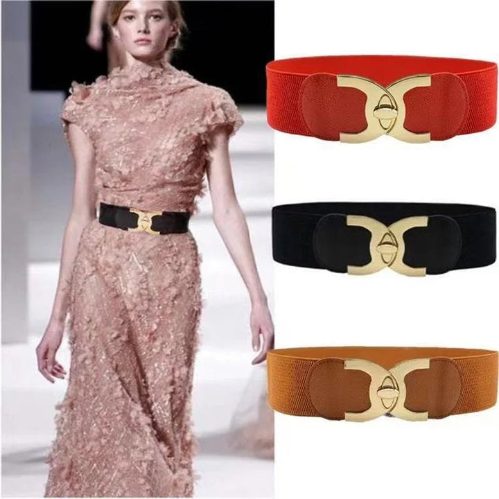 Model wearing a wide black Parisian chic belt paired with a textured pink dress next to red, black, and camel variants