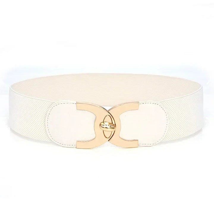 Close-up of the white wide Parisian chic elastic belt with a golden alloy clasp