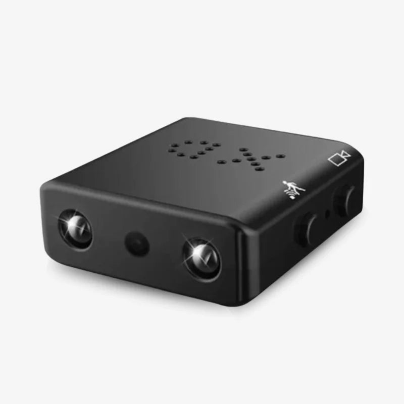 Compact black wireless micro HD video camera with dual lenses and indicator lights