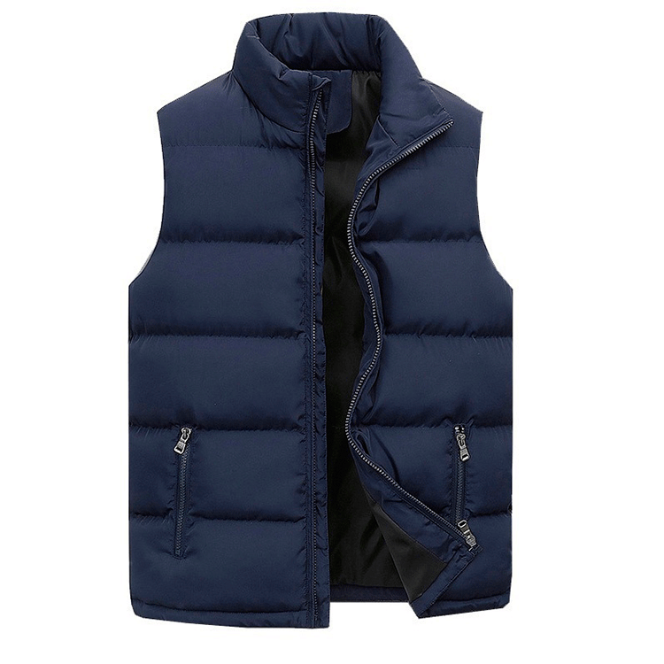 Men's navy blue quilted puffer vest featuring front zipper