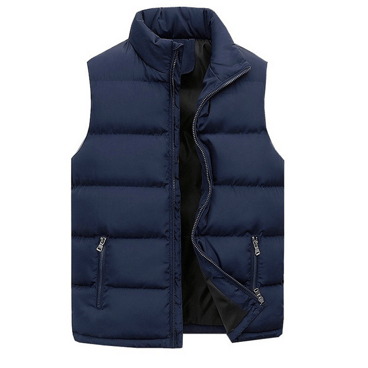 Men's navy blue quilted puffer vest featuring front zipper