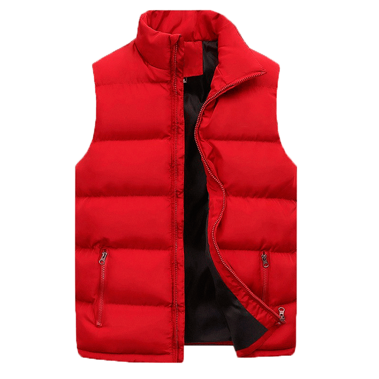Men's bright red sleeveless puffer jacket with side pockets