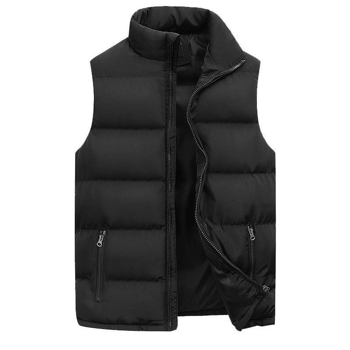Men's black padded quilted puffer vest with stand collar