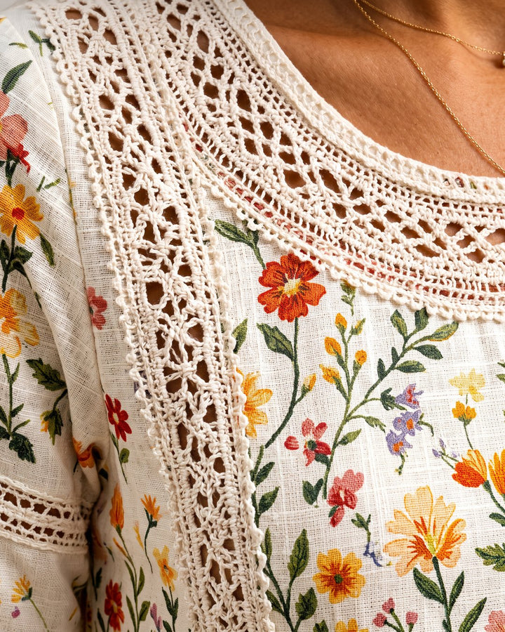 Close-up fabric detail of the women's casual summer dress featuring floral pattern.