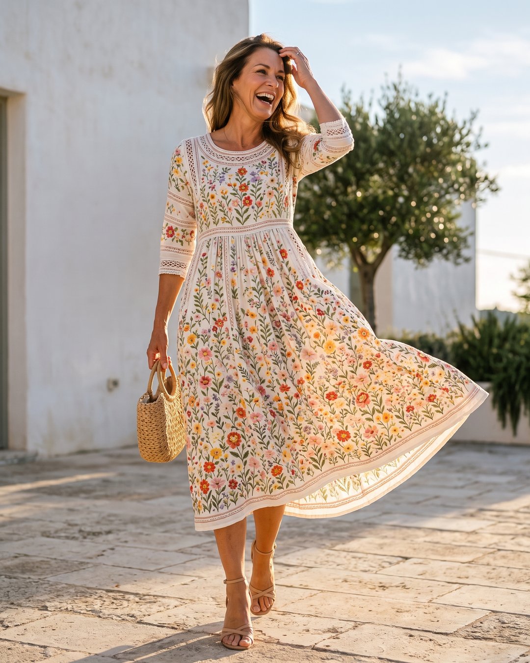 Lifestyle shot of a smiling woman walking outdoors while wearing the floral midi dress