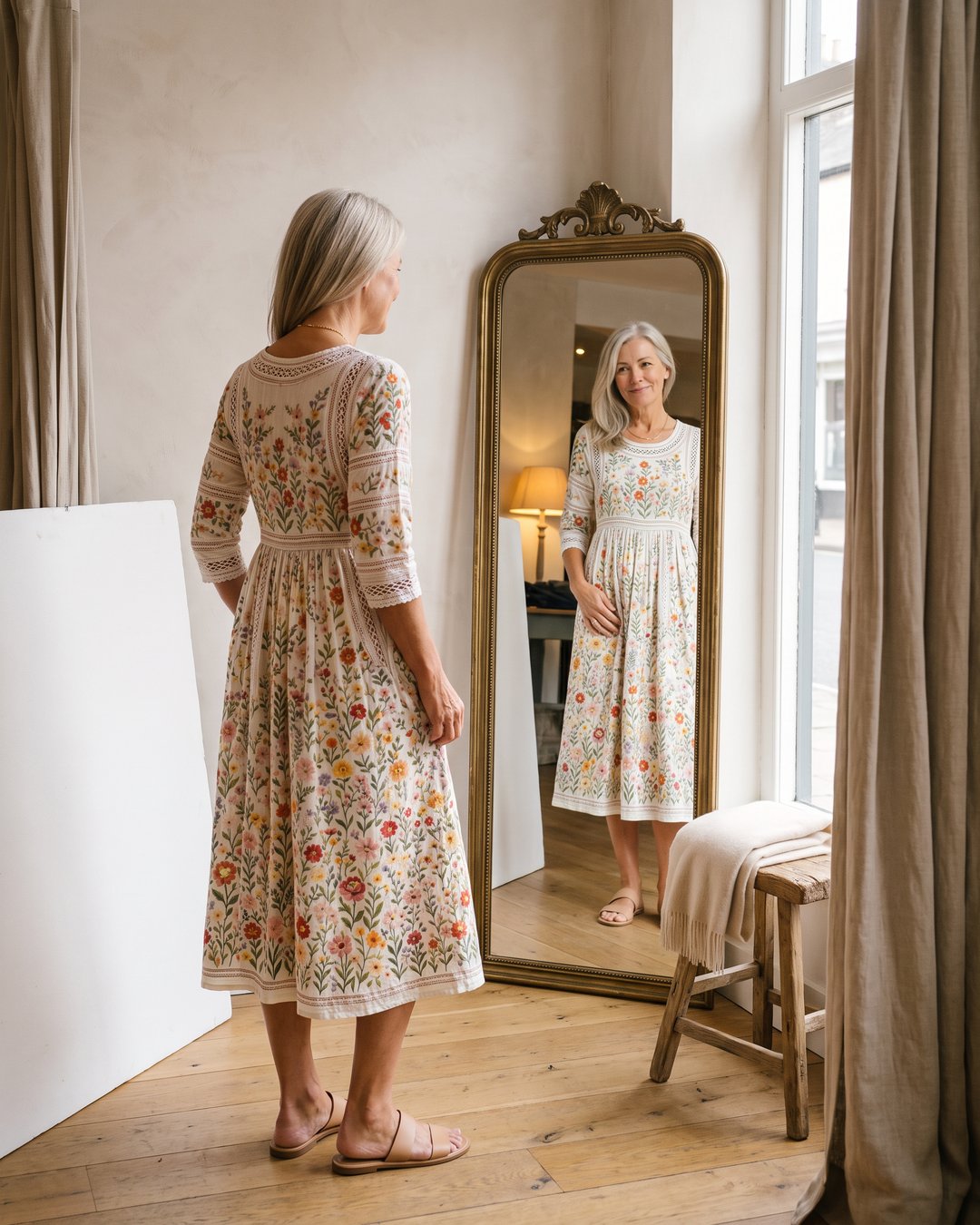 Side profile of the women's meadow print dress showcasing the flowy midi length.