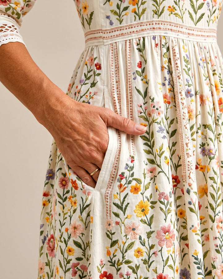 Women's floral midi dress in meadow print, showing back view with zipper closure.
