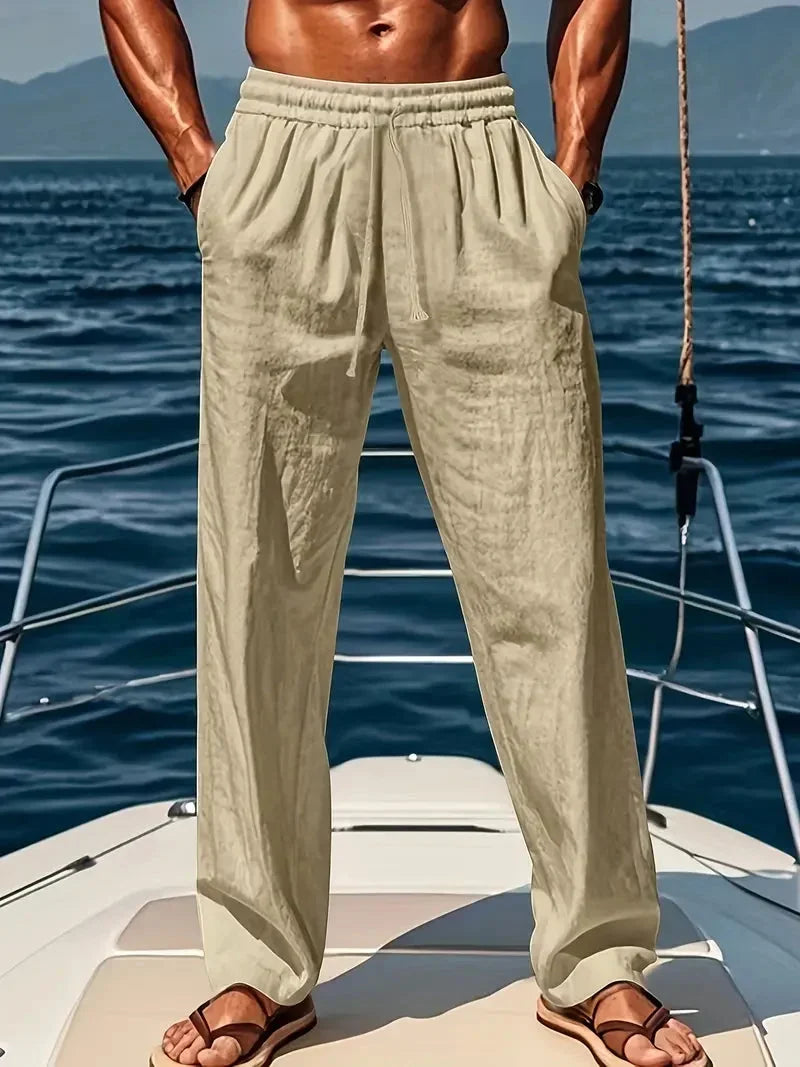 Mens relaxed fit linen pants with drawstring waist for summer beach wear