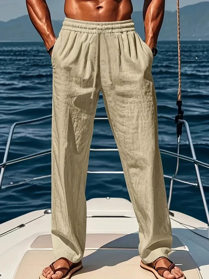 Mens relaxed fit linen pants with drawstring waist for summer beach wear