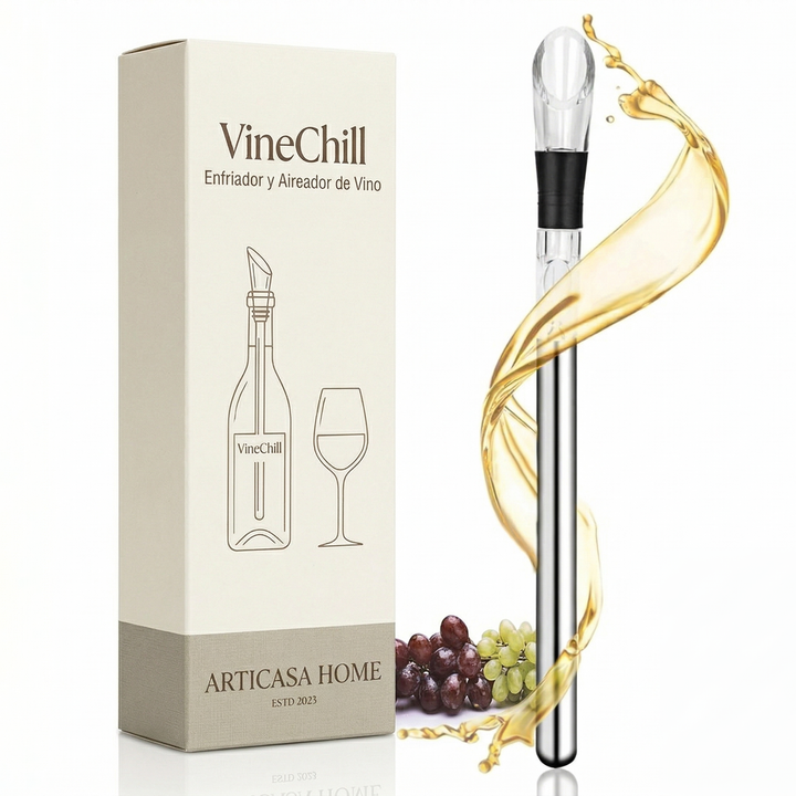Wine chiller and aerator gift box next to a stainless steel cooling rod with a splash of wine and grapes