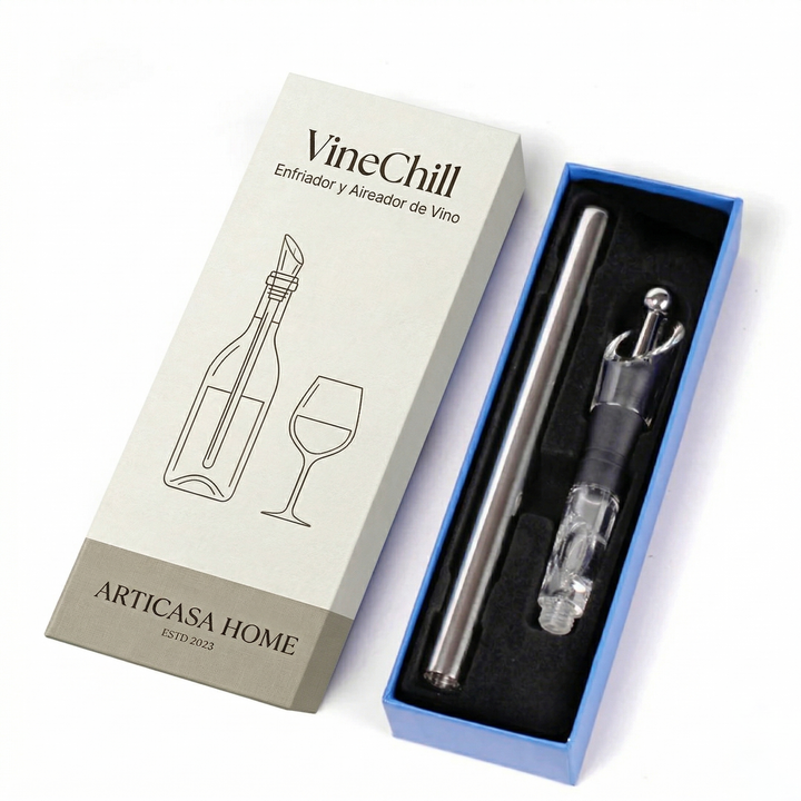 Complete stainless steel wine chiller and aerator rod flat lay