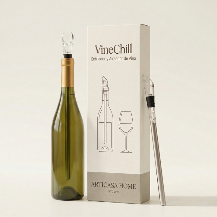 Wine chiller rod inserted into a green wine bottle next to its branded gift box packaging