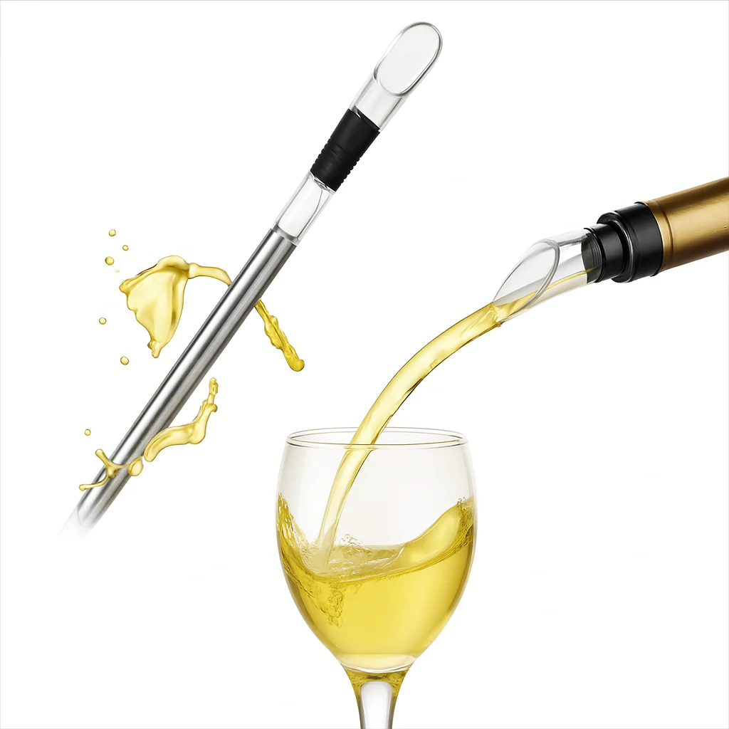Wine aerator pourer spout inserting into a wine bottle neck